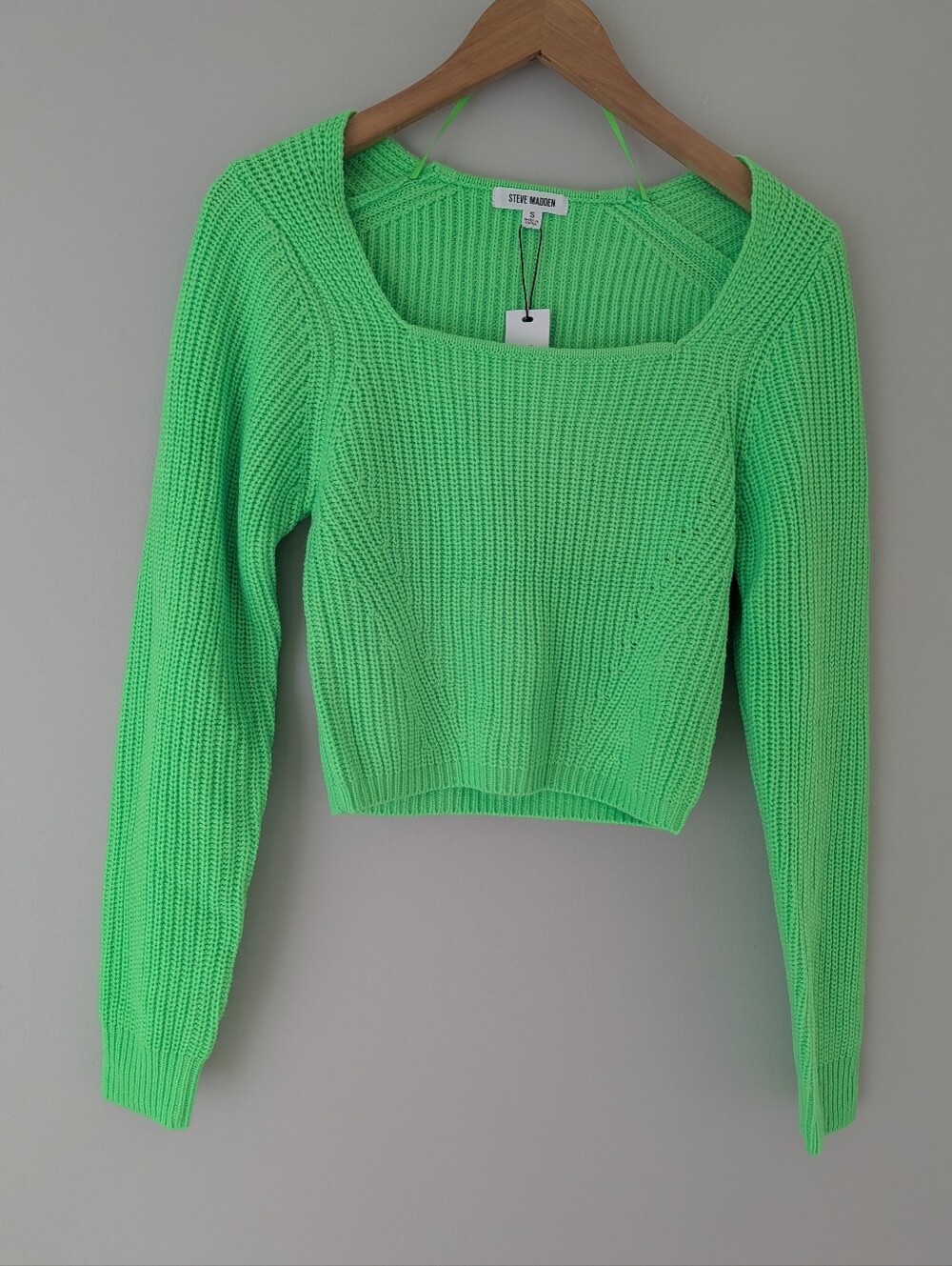 NWT Steve Madden Neon Green Square Neck Cropped Knit Sweater S $69